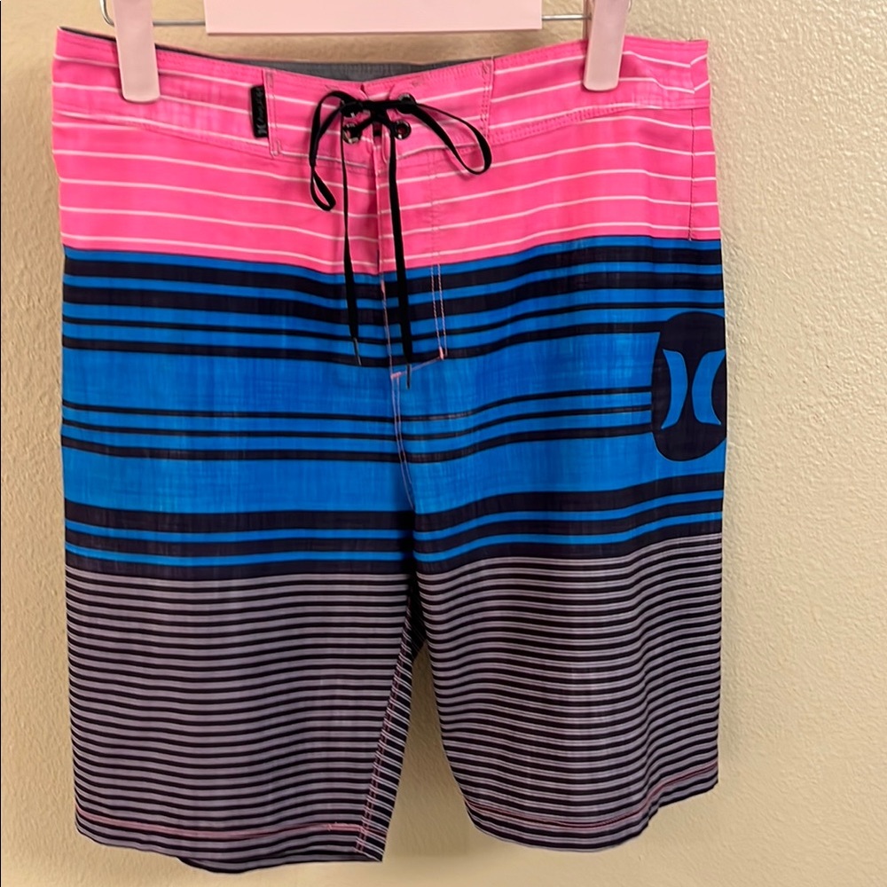 Hurley Pink and Blue Board Shorts with Gradient Stripes